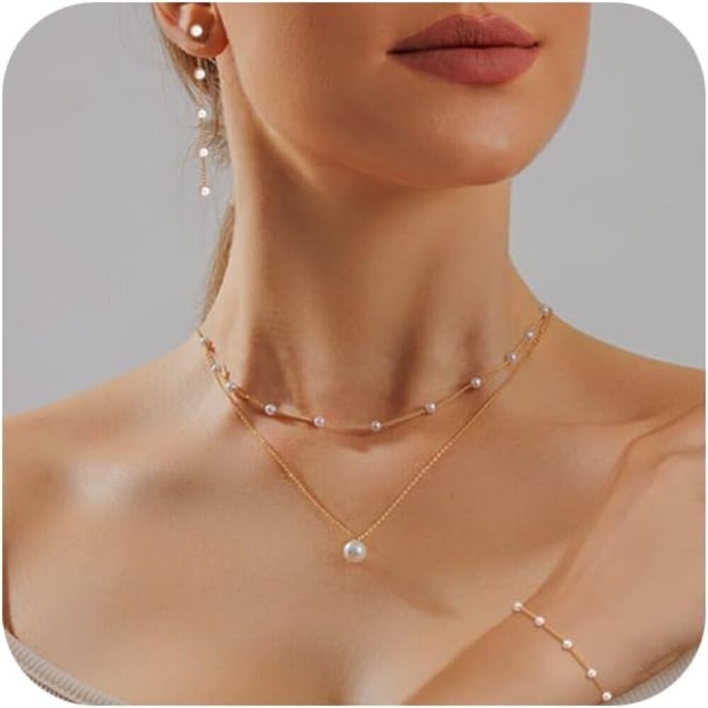 Gold Jewelry Set for Women Dainty Pearl Choker Earrings & Bracelet Wedding Gift